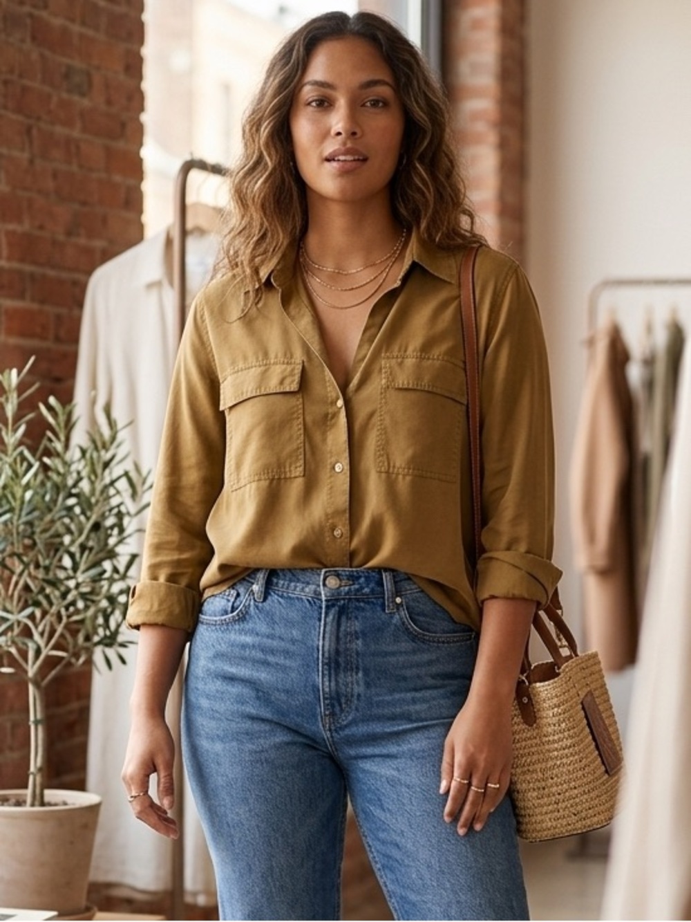 Babaton Olive Utility Shirt with Button Detail